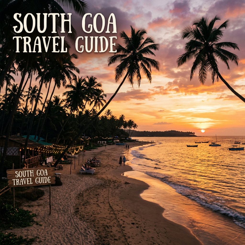 Sunset over a palm tree-lined beach in South Goa with boats on the water